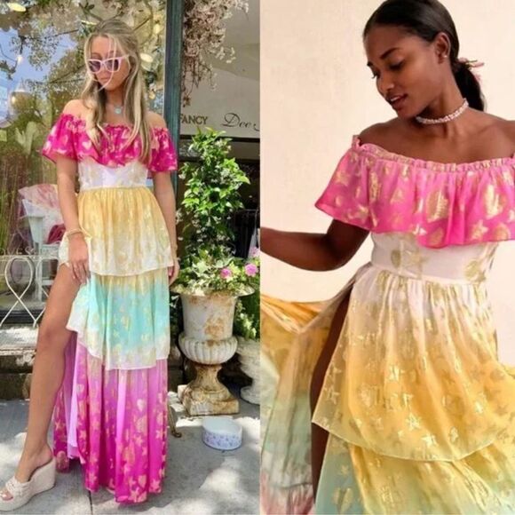 NWT LoveShackFancy VYNNE Maxi off shoulder DRESS SURFER FUSCHIA LIGHT Size: 8 - Picture 16 of 16